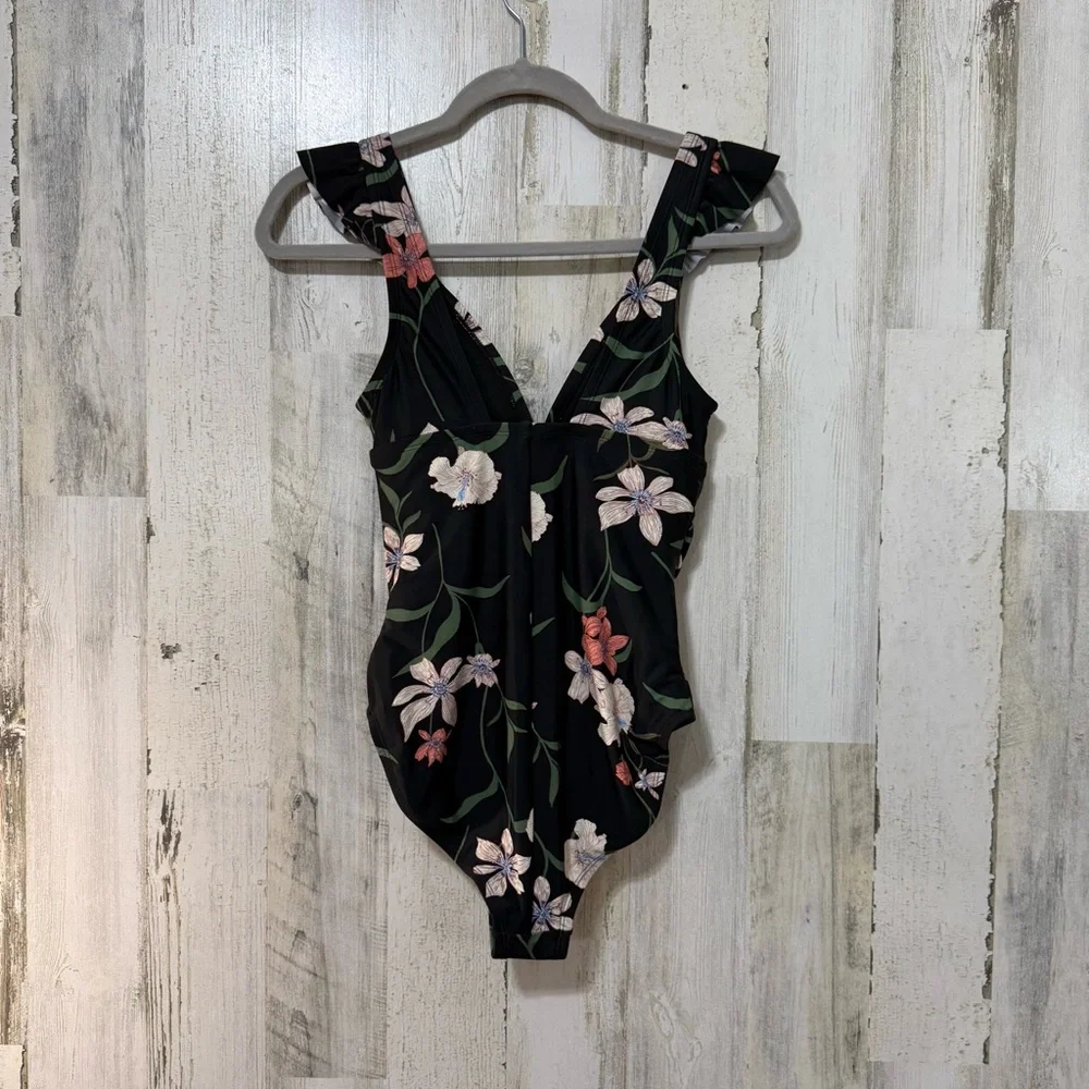 Shade & Shore Black Whit Green One Piece Swimsuit Floral V-Neckline NWT XS